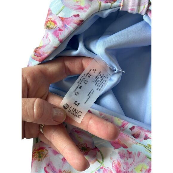 LINC One Piece Swimsuit size M Floral Cut Out Blue Pink - Picture 3 of 5